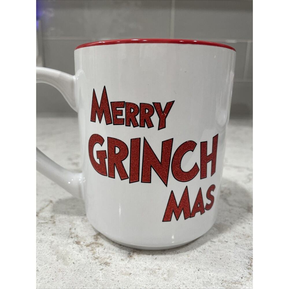 MERRY GRINCHMAS RED GLITTER Santa Hat 18oz Mug Christmas NEW Holiday Grinch